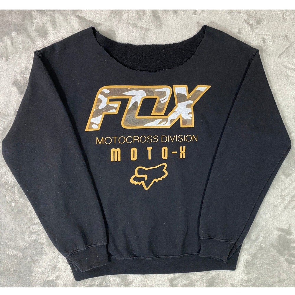 Fox Racing Sweatshirt Women's Medium Black Camo Logo Moto-X Cut Y2K Scoop Neck - Picture 1 of 5